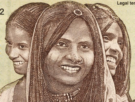 Three Young Women on 10 Nakfa 1997 Banknote from Eritrea.の写真素材