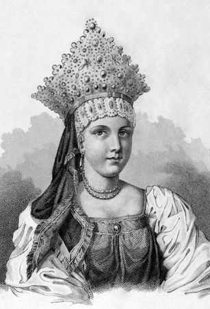 Ancient Galician Costume on engraving from 1859. Engraved by unknown artist and published in Meyers Konversations-Lexikon, Germany,1859.のeditorial素材