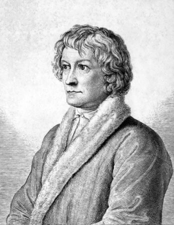 Bertel Thorvaldsen (1770-1844) on engraving from 1859.  Danish-Icelandic sculptor. Engraved by unknown artist and published in Meyers Konversations-Lexikon, Germany,1859.のeditorial素材