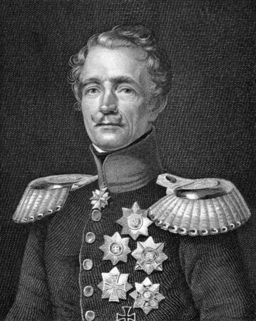Friedrich Graf von Wrangel (1784-1877) on engraving from 1859. General feld marschall of the Prussian Army. Engraved by A.Weger and published in Meyers Konversations-Lexikon, Germany,1859.のeditorial素材