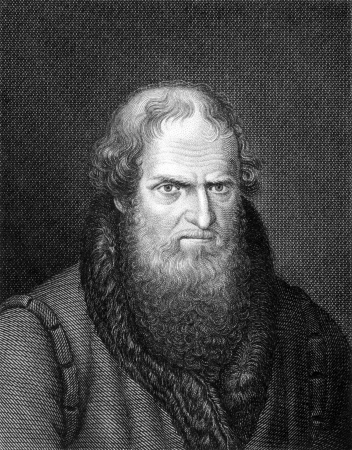 Hans Sachs (1494-1596) on engraving from 1859. German mastersinger, poet, playwright and shoemaker. Engraved by unknown artist and published in Meyers Konversations-Lexikon, Germany,1859.のeditorial素材