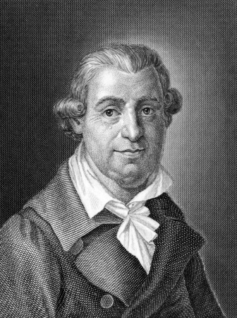 Johann Karl August Musaus (1735-1787) on engraving from 1859. German author. Engraved by unknown artist and published in Meyers Konversations-Lexikon, Germany,1859.のeditorial素材