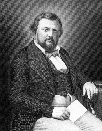 Karl Vogt (1817-1895) on engraving from 1859. German scientist. Engraved by T.Kuhner and published in Meyers Konversations-Lexikon, Germany,1859.のeditorial素材