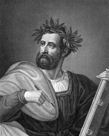 Ludovico Ariosto (1474-1533) on engraving from 1859. Italian poet. Engraved by C.Barth and published in Meyers Konversations-Lexikon, Germany,1859.のeditorial素材