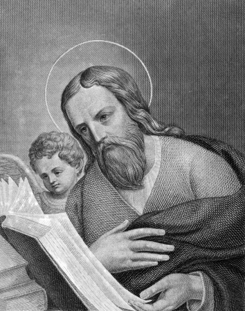 Saint Matthew on engraving from 1859. One of the twelve Apostles of Jesus and one of the four Evangelists. Engraved by C.Barth and published in Meyers Konversations-Lexikon, Germany,1859.のeditorial素材