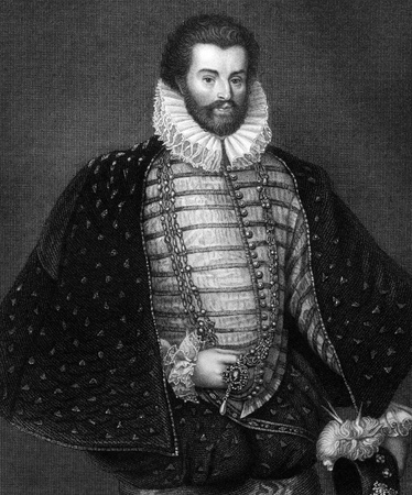 Christopher Hatton (1540-1591) on engraving from 1831.  English politician. Engraved by W.H.Mote and published in ''Portraits of Illustrious Personages of Great Britain'',UK,1831.のeditorial素材