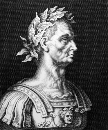 Julius Caesar (100BC-44BC) on engraving from 1860.  Roman general, statesman, Consul and notable author of Latin prose. Engraved by unknown and published by ''Bibliographic Institute Hildburghausen'',Germany,1860.のeditorial素材