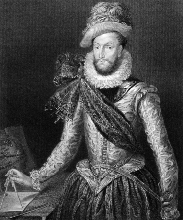 Walter Raleigh (1552-1618) on engraving from 1829. English aristocrat, writer, poet, soldier, courtier and explorer. Engraved by H.Robinson and published in ''Portraits of Illustrious Personages of Great Britain'',UK,1829.のeditorial素材