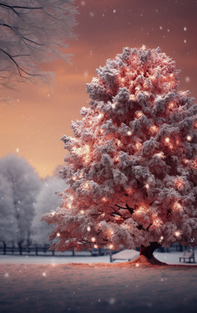 Christmas tree in the winter park. Snowfall. Beautiful winter backgroundの素材