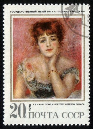 USSR - CIRCA 1970: a stamp printed by USSR shows a picture of artist Renoir "Etude to a portrait of actress Samari", circa 1970, USSRのeditorial素材