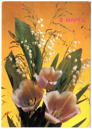 USSR - CIRCA 1990: Postcard, photographer Dergileeva - tulips to lilies of the valley, circa 1990のeditorial素材