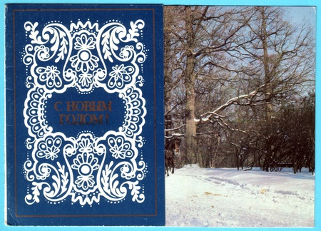 USSR - CIRCA 1980: Postcard printed in the USSR shows  - winter forest, circa 1980. Russian text: Happy New Year!のeditorial素材