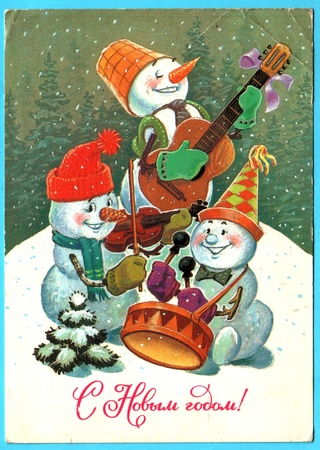 USSR - CIRCA 1985: Postcard printed in the USSR shows draw by Zarybin  - Snowmen play musical instruments, circa 1985. Russian text: Happy New Year!のeditorial素材
