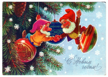 USSR - CIRCA 1990: Postcard printed in the USSR shows draw by Zarybin  - two dwarf toys for Christmas, circa 1990. Russian text: Happy New Year!のeditorial素材