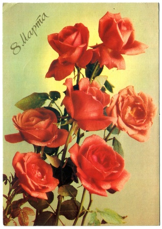 USSR - CIRCA 1988: Postcard printed in the USSR honoring International Women's Day of Solidarity shows bouquet of roses, circa 1988. Text in Russian: March 8.のeditorial素材