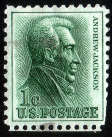 USA-CIRCA 1962: A stamp printed in USA shows image of Andrew Jackson March 15, 1767 - June 8, 1845 was the seventh President of the United States 18291837, circa 1962のeditorial素材