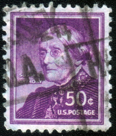 USA - CIRCA 1955: A stamp printed in the USA, shows a feminist and fighter for civil rights for women, Susan Brownell Anthony, circa 1955のeditorial素材
