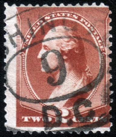 UNITED STATES - CIRCA 1883: A two cent postage stamp published in USA showing President Washington in blue, circa 1883のeditorial素材
