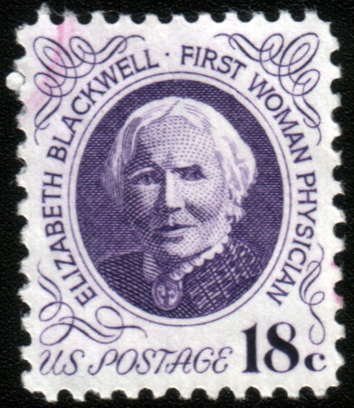 UNITED STATES OF AMERICA - CIRCA 1970: a stamp printed in the USA shows Elizabeth Blackwell, the first female doctor in the USA and the first on the UK Medical Register, circa 1970のeditorial素材
