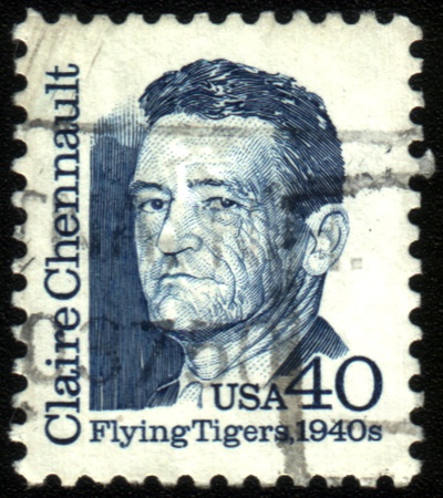 UNITED STATES OF AMERICA - CIRCA 1990: A stamp printed in the United States of America shows Claire Chennault, American military aviator, Lieutenant General, circa 1990のeditorial素材