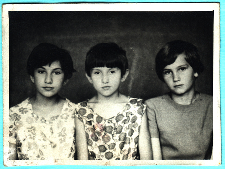 USSR  - CIRCA 1970s: An antique photo shows three little girlのeditorial素材