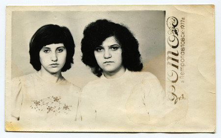 USSR - CIRCA  1980: Antique photo shows studio portrait of two womenのeditorial素材