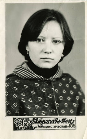 USSR - CIRCA 1954: An antique photo shows studio portrait of a womans.のeditorial素材