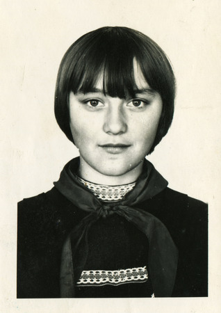 USSR - CIRCA 1975: An antique photo shows portrait of a beautiful schoolgirl.のeditorial素材