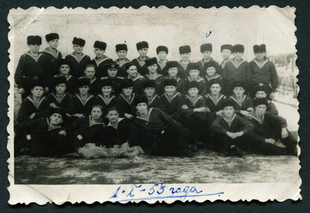 USSR - CIRCA 1953: Antique photo shows group portrait of seafarers, 1953