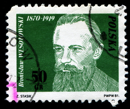 POLAND - CIRCA 1981: A stamp printed in Poland shows portrait of Bronislaw Wesolowski, with the same inscription, from the series "Activists of Polish Workers' Movement", circa 1981のeditorial素材