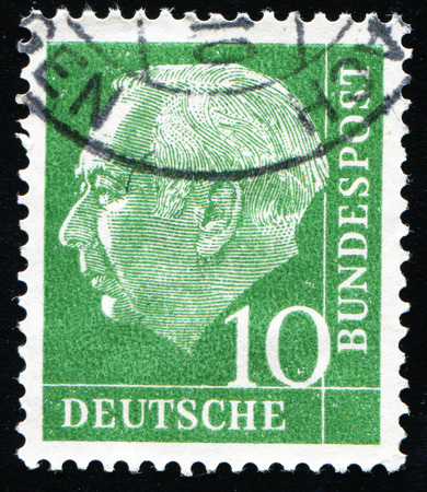 FEDERAL REPUBLIC OF GERMANY - CIRCA 1951: A stamp printed in the Federal Republic of Germany shows 10 deutschmarks, series, circa 1951のeditorial素材