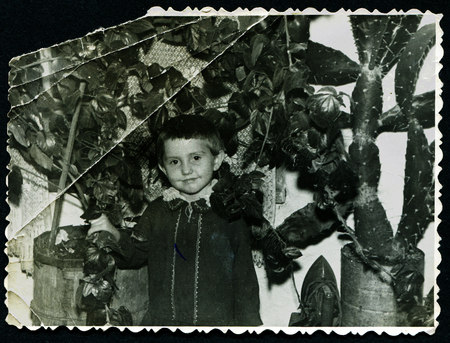 USSR - CIRCA 1940s: An antique photo shows happy little girl among the flowers homeのeditorial素材