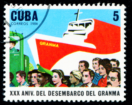 CUBA - CIRCA 1986: A stamp printed in Cuba shows cubanian peoples on the background of yacht Granma, circa 1986のeditorial素材