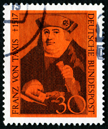 GERMANY - CIRCA 1967: A stamp printed in German Federal Republic shows Franz Von Taxis, founder of the Taxis postal system, circa 1967のeditorial素材