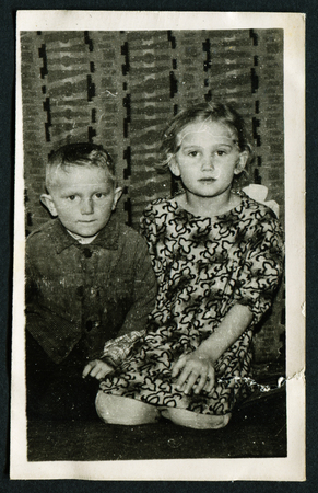 USSR - CIRCA 1970s: An antique photo shows two small children, USSR, circa 1970sのeditorial素材