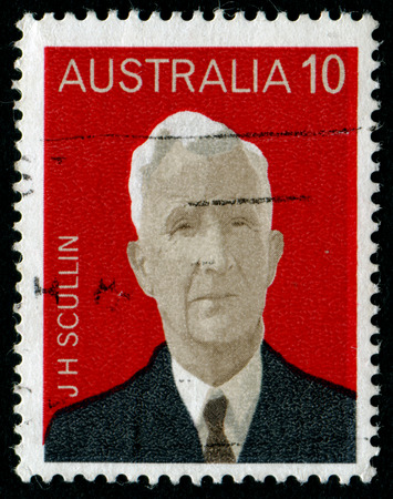 AUSTRALIA - CIRCA 1975:A Cancelled postage stamp from Australia illustrating Australian Prime Ministers, issued in 1975.のeditorial素材