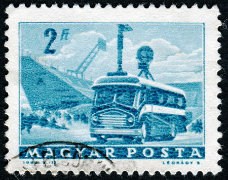 HUNGARY - CIRCA 1963: stamp printed by Hungry, shows old bus, circa 1963.のeditorial素材