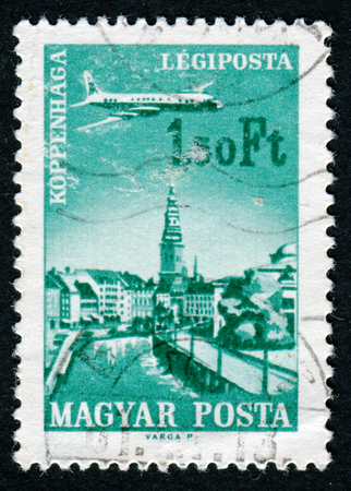 HUNGARY - CIRCA 1966: A stamp printed in Hungary from the "Plane over Cities served by Hungarian Airways" issue shows Copenhagen, circa 1966.のeditorial素材
