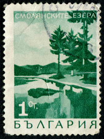 BULGARIA- CIRCA 1968: A stamp printed in Bulgaria shows Lakes of Smolian, circa 1968のeditorial素材