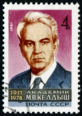 USSR - CIRCA 1981: A stamp printed USSR, Portrait of Soviet scientist in the field of mathematics and mechanics Mstislav Keldysh, circa 1981のeditorial素材
