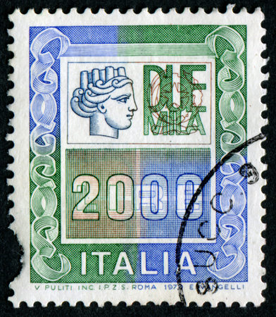 ITALY - CIRCA 1979: A stamp printed in Italy from the "Italy turreted (Syracuse)" issue showing the figure of an Ancient coin of Syracuse, circa 1979.のeditorial素材