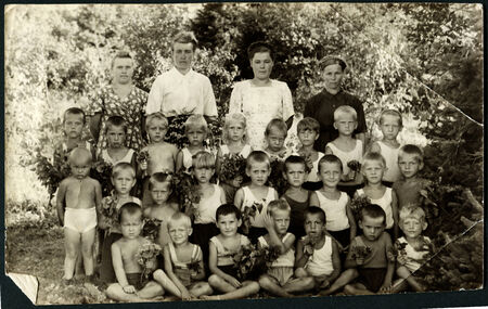 USSR, PETROPAVLOVSK - CIRCA 1960s: Vintage photo shows Pioneer detachment in a camp, 1960sのeditorial素材