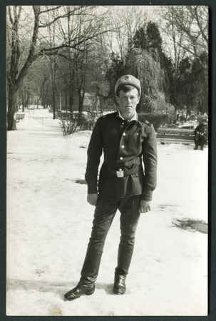 USSR - CIRCA 1970s: An antique photo show young soldier in winter parkのeditorial素材