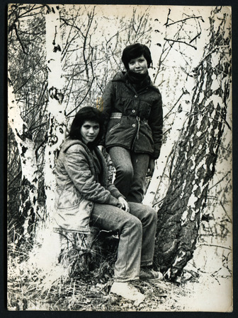Ussr - CIRCA 1970s: An antique Black & White photo show Two young women in the birch forestのeditorial素材