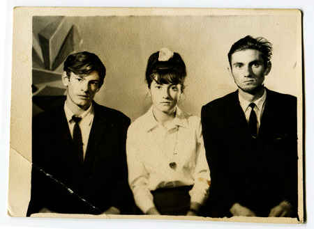 USSR - CIRCA 1980s: An antique photo shows Group portrait of young peopleのeditorial素材