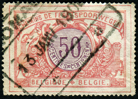 BELGIUM - CIRCA 1912: A stamp printed in Belgium, shows the railway service mark, circa 1912のeditorial素材