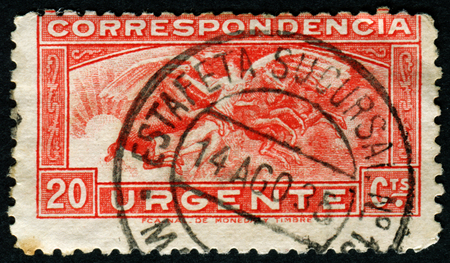 SPAIN - CIRCA 1939: A stamp printed in Spain shows Pegasus, angels, circa 1939のeditorial素材