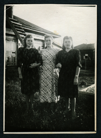 Ussr - CIRCA 1970s: An antique Black & White photo show three women in countrysideのeditorial素材