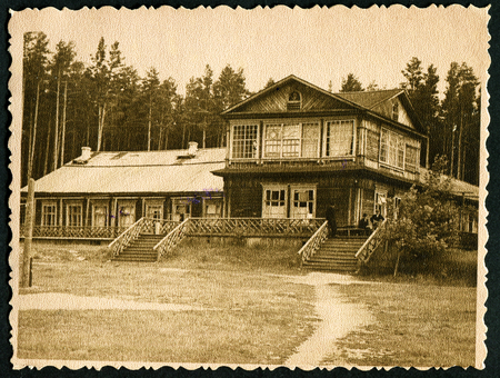 Ussr - CIRCA 1970s: An antique Black & White photo show large country houseのeditorial素材