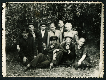 Ussr - CIRCA 1970s: An antique Black & White photo show family in the countrysideのeditorial素材